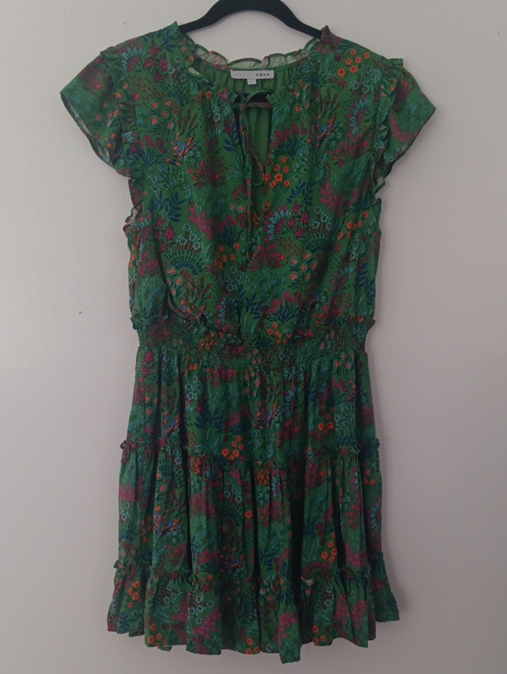 Baltic Born  Floral Tie-Neck Flutter Sleeve Smocked Waist Dress #3827
